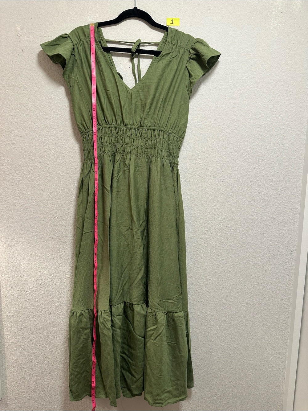 August Sky Olive Green Smocked Waist Maxi Dress Flutter Sleeve Boho
